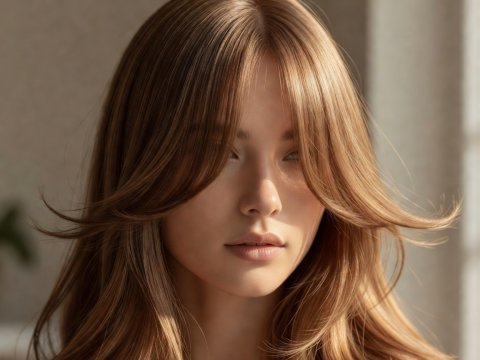 Close-up portrait of soft center-parted curtain bangs sweeping outward at the cheekbone level