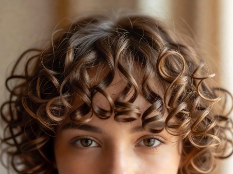 Close-up of natural 3B and 3C spiral curls cut into a soft brow-skimming curly fringe