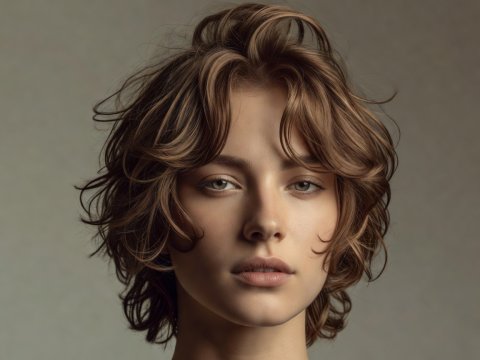 Portrait of a medium-length wavy shag haircut with crown lift, choppy layers, and soft temple framing