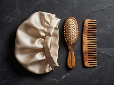 Editorial still life of a champagne satin sleep bonnet, wooden pin brush, and wide-tooth comb on dark stone