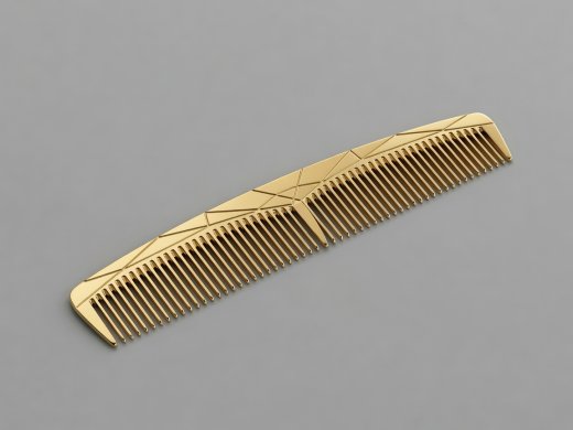 3D render of a gold sectioning comb illustrating triangular fringe parting geometry and temple recession balance