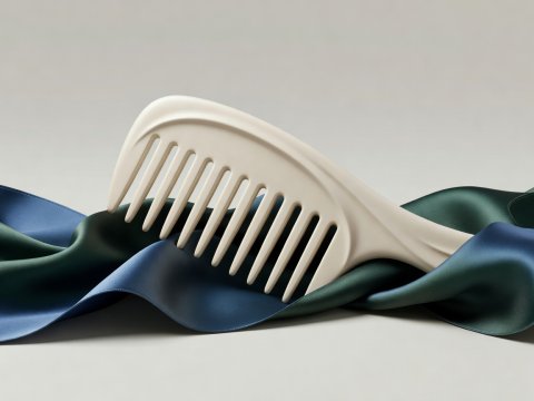 Soft-lit 3D render of a sculpted wide-tooth detangling comb resting against a silk hair ribbon